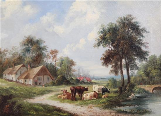 Victorian School Landscape with cattle beside a pond, 11.5 x 15.5in.